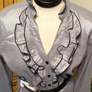 Women Blouse button up gray frilly ruffles long sleeve Event top Size Large